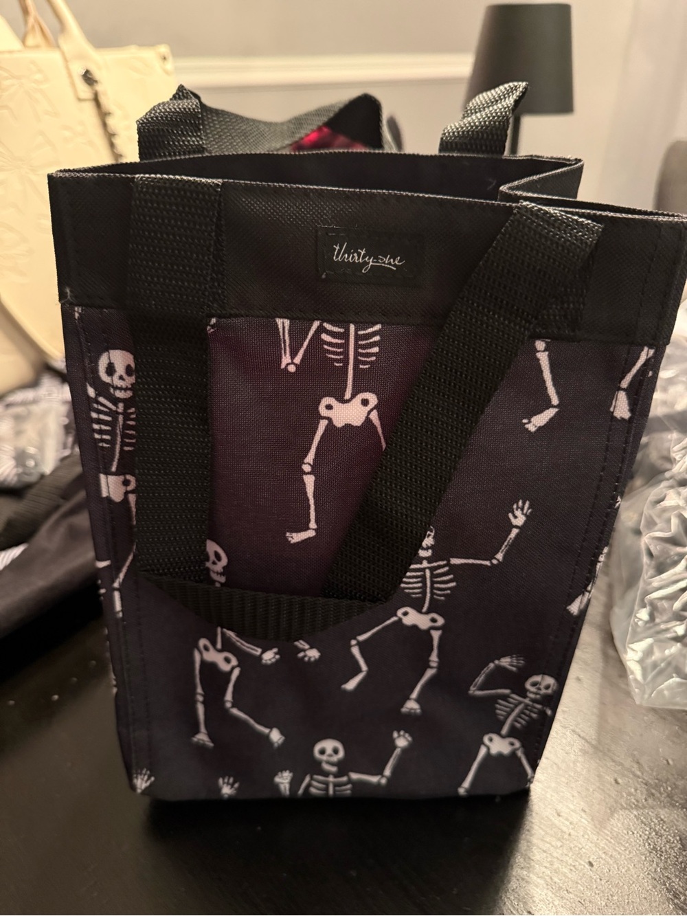 thirty-one Black Tote with White Skeleton Print